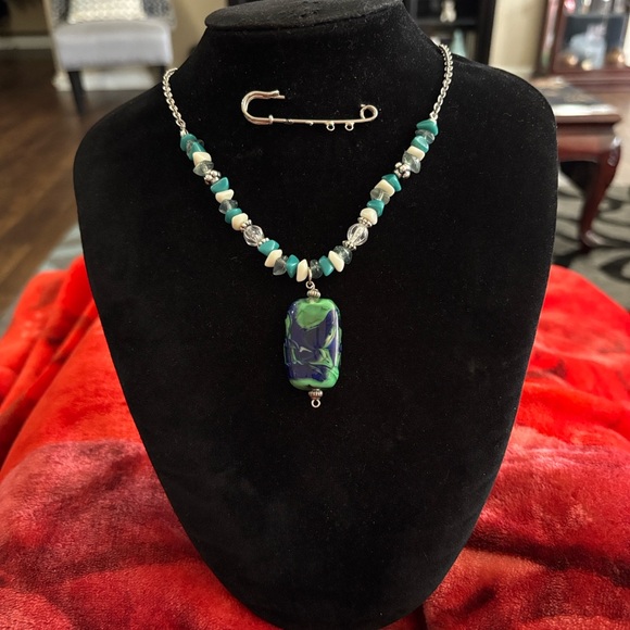 Designs by Baconwoman Jewelry - Green and Blue Glass Pendant and Beaded Necklace